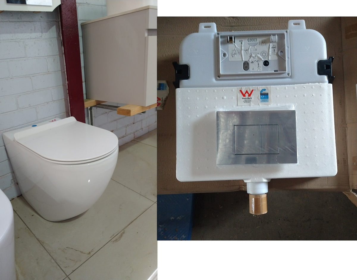 R&T Concealed inwall cistern Rimless Toilet Suite Superslim seat WELS Chrome Button Panel