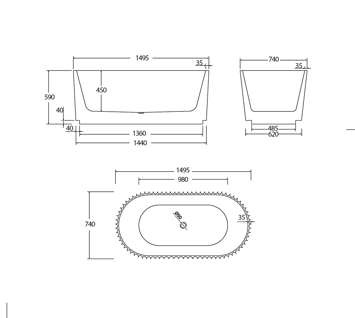 Gloss White Thin edge NO overflow Sanitary grade Fluted Acrylic Free Standing Bathtub 1500/1700mm