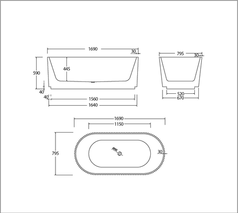 Gloss White Thin edge NO overflow Sanitary grade Fluted Acrylic Free Standing Bathtub 1500/1700mm