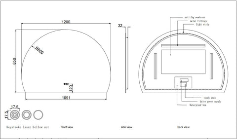 1200x850mm Motion Sensor Switch Arch Shape Frameless Backlit Led Mirror Bathroom Vanity Mirror