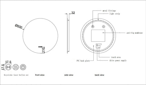 600mm Dia Motion Sensor Switch Round Frameless Backlit Led Mirror Bathroom Vanity Mirror