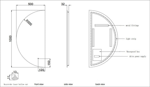 500x1000mm Motion Sensor Half Moon Shape Frameless Backlit Led Mirror Hallway Walk in Wardrobe  Bathroom Vanity mirror