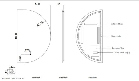 500x1000mm Motion Sensor Half Moon Shape Frameless Backlit Led Mirror Hallway Walk in Wardrobe  Bathroom Vanity mirror