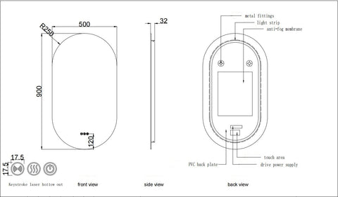 500x900mm Motion Sensor Switch Pill Shape Oval Frameless Backlit Led Mirror Bathroom Vanity Mirror