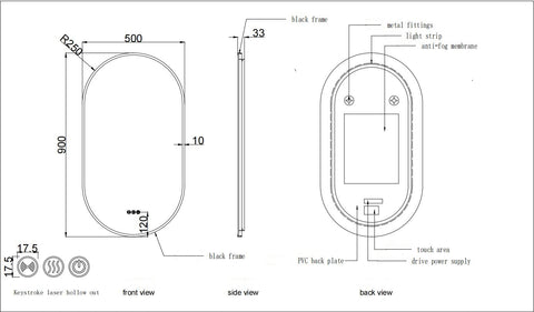 500x900mm Motion Sensor Switch Pill Oval Shape Black Frame Backlit Led Mirror Bathroom Vanity Mirror